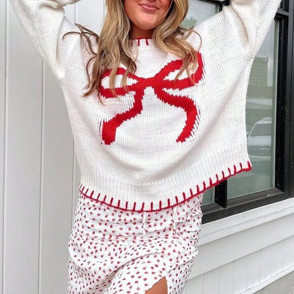 White Casual Women's Butterfly Knit Jacquard Long Sleeve Pullover Sweater - Picture 2 of 6